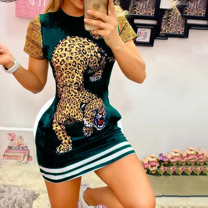 Graduation Gifts 2023 Women  Daily Wear O Neck Cute Tiger Animal Print Short Sleeve Casual Summer Vintage Mini Bodycon Party Dress