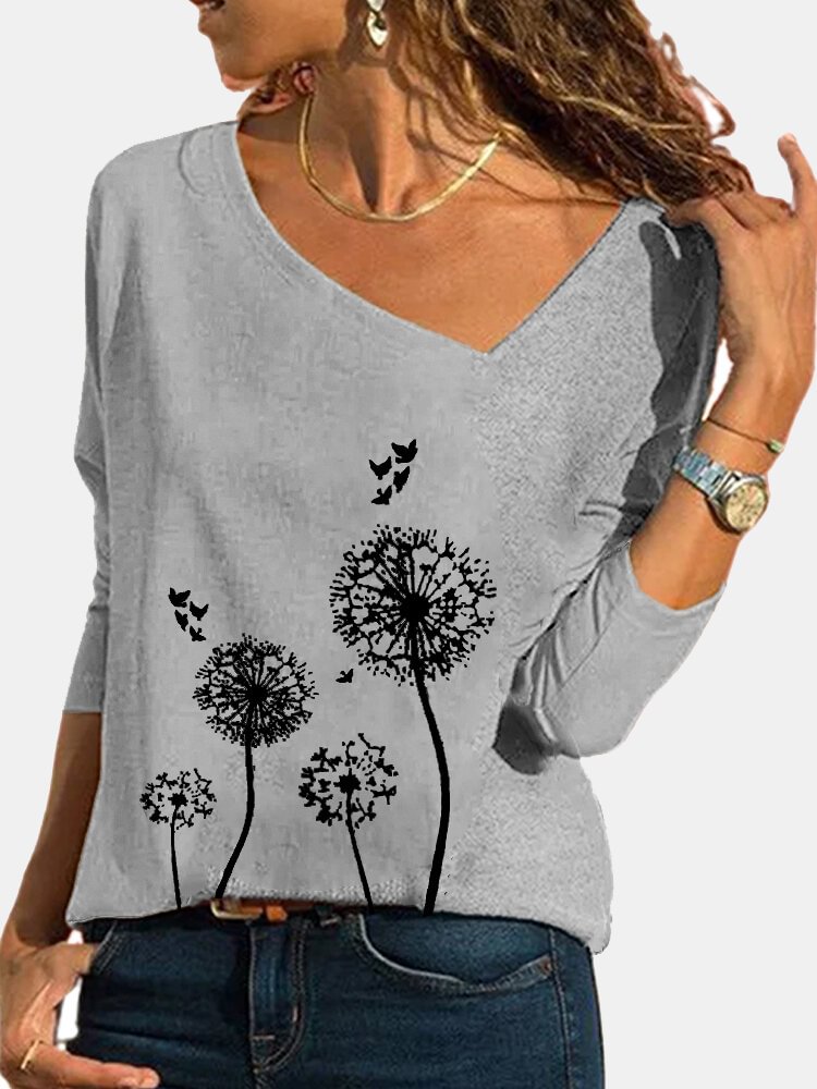 Calico Printed Long Sleeve Asymmetrical T shirt For Women P1768090