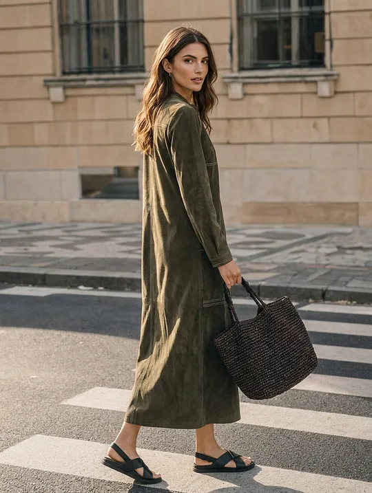 Women's Casual Olive Green Suede Long-sleeve Maxi Dress MD