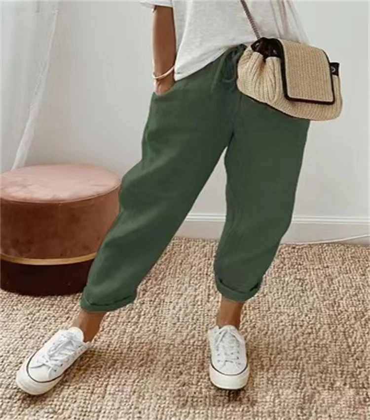 2024 Women's cotton and linen pocket elastic casual pants_ ecoleips_old