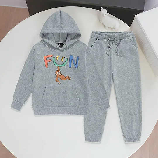 【2Y-13Y】Festive Fleece-Lined Hoodie And Jogger Set With Fun Banana Monkey Cartoon Design For Kids