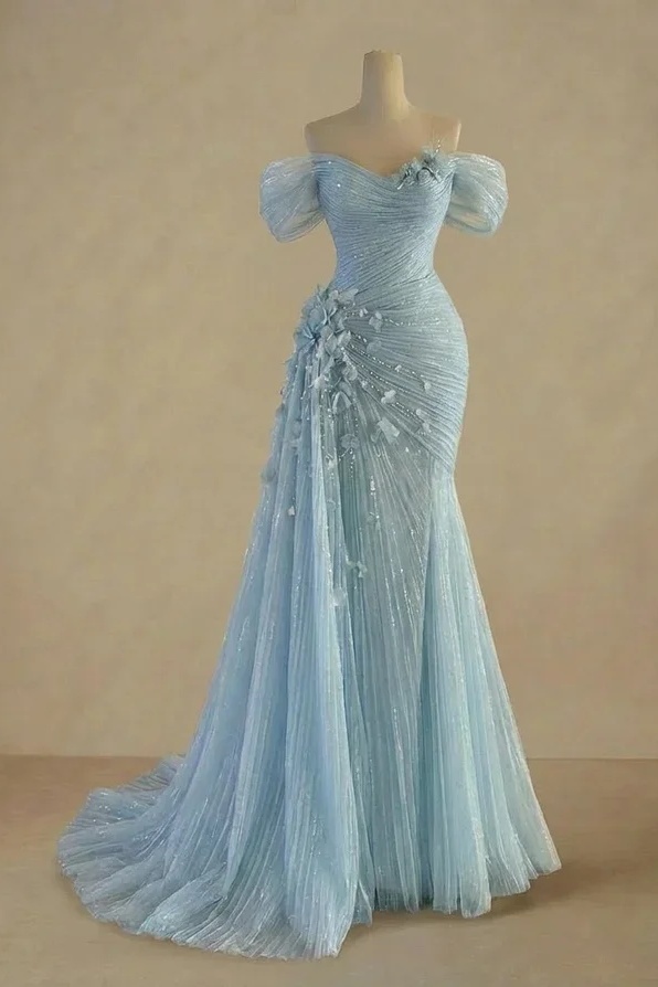 Lussooy Sky Blue Off-The-Shoulder Dreamy Sequins Evening Dress With Side Train