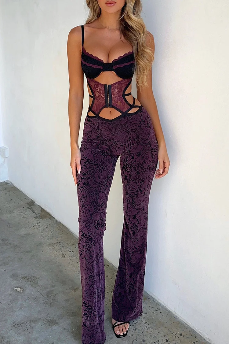 Cutouts Lace Patchwork Backless Cami Jacquard Pattern Slim Fit Jumpsuit-Purple