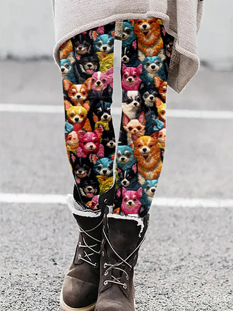 Cute colorful Chihuahuas Embroidery Art Comfy Leggings
