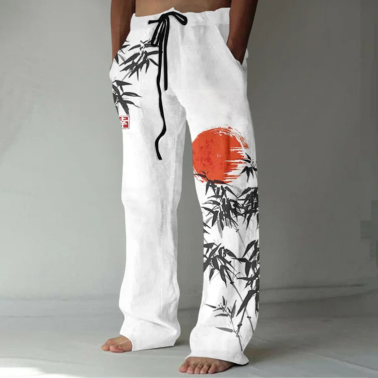 Comstylish Japanese Bamboo Forest And Red Sun Art Linen Blend Casual Pants