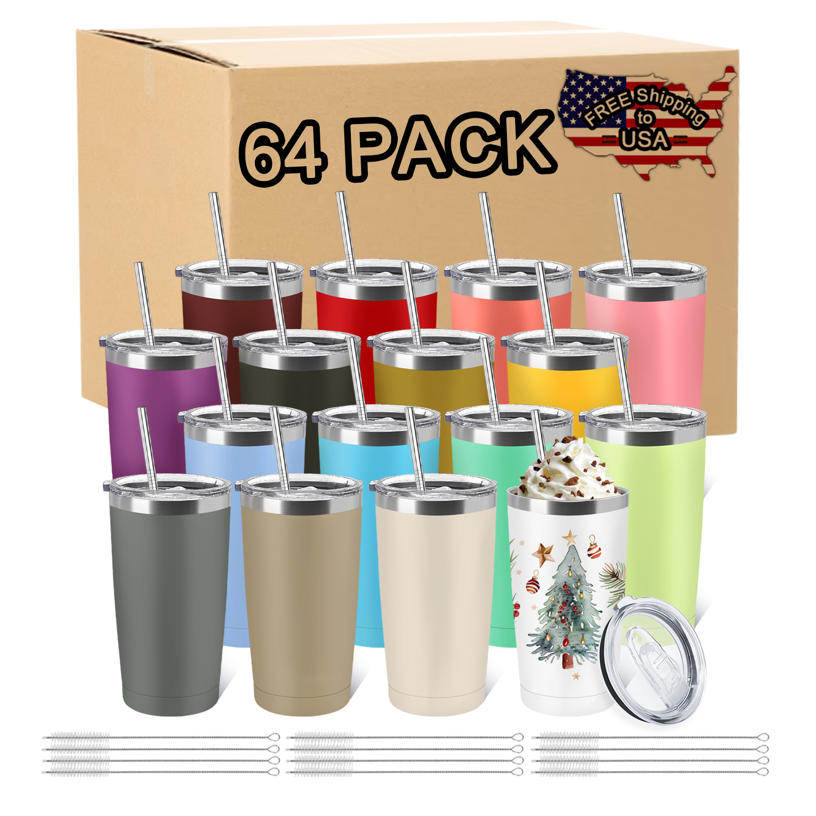 64 Pack Insulated Coffee Tumblers - 20oz Stainless Steel Double Wall Vacuum  Travel Cups with Lids and Straws, Powder Coated for Laser Engraving, 16  Colors (4 Sets) 299.00