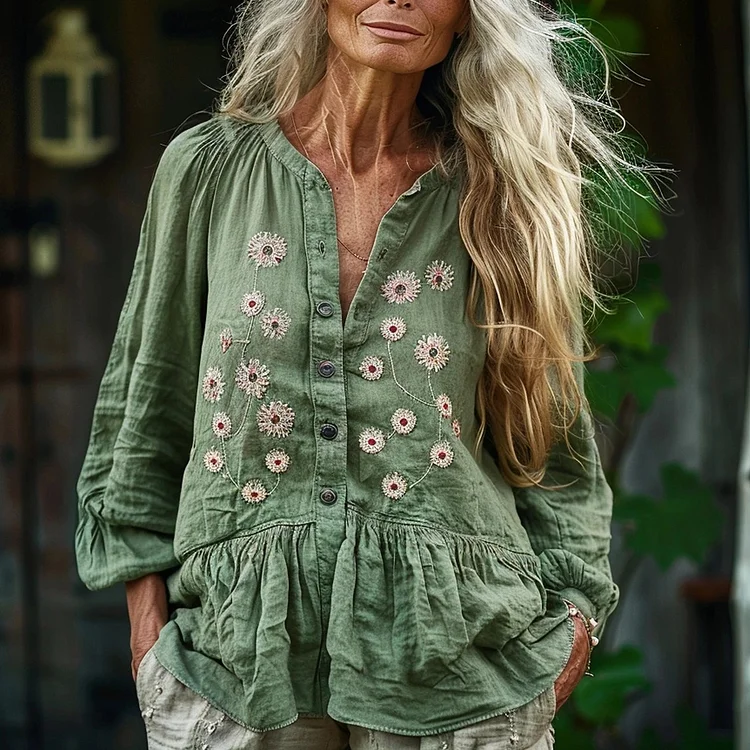 Women's Linen Casual Mini Ethnic Floral Loose Shirt