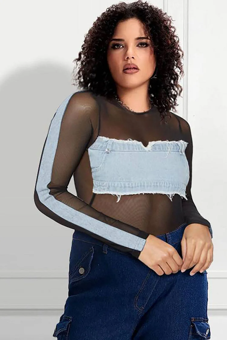 Plus Size Daily Top Light Blue Denim Cropped Bottoming See-Through Top [Pre-Order]