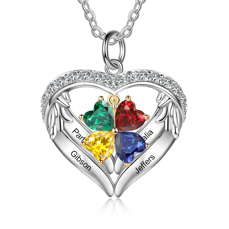 Personalized Diamond Heart Necklace with 4 Birthstones Wings Necklace