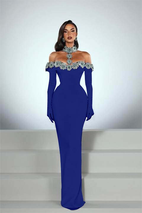 Daisda Charming Black Satin Long Sleeves Off the Shoulder Prom Dress with Beadings