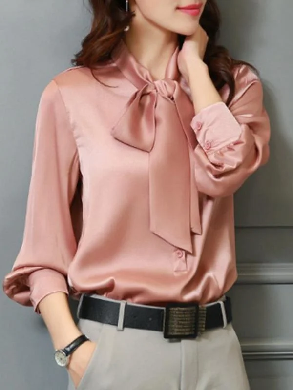 Work Bowknot Stand Collar Pink Silk Blouses