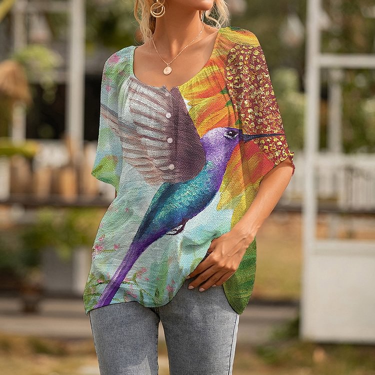 Vintage Hummingbird Print Casual Short Sleeve Shirt