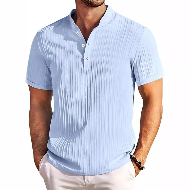 Men's vintage cotton and linen striped henley casual loose shirt socialshop