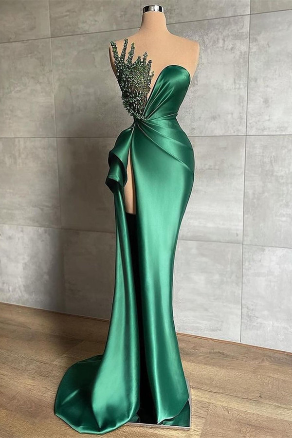 Dresseswow Emerald Green Sleeveless Evening Dress Mermaid Slit With Beads