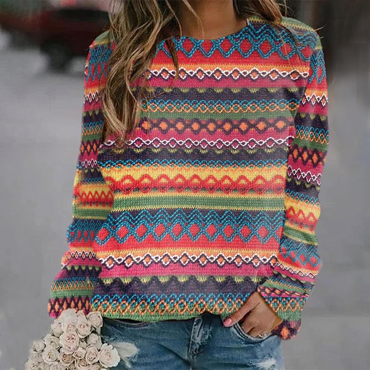Vefave Retro Contrast Long Sleeve Crewneck Sweatshirt