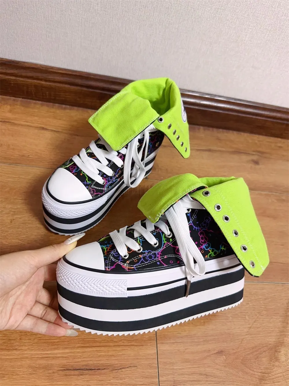 VCshoes Women Short Boots Woman High Wedges Heels Pumps Lady Dress Party Shoes Round Toe Black Canvas Shoes Dopamine 32-47 46