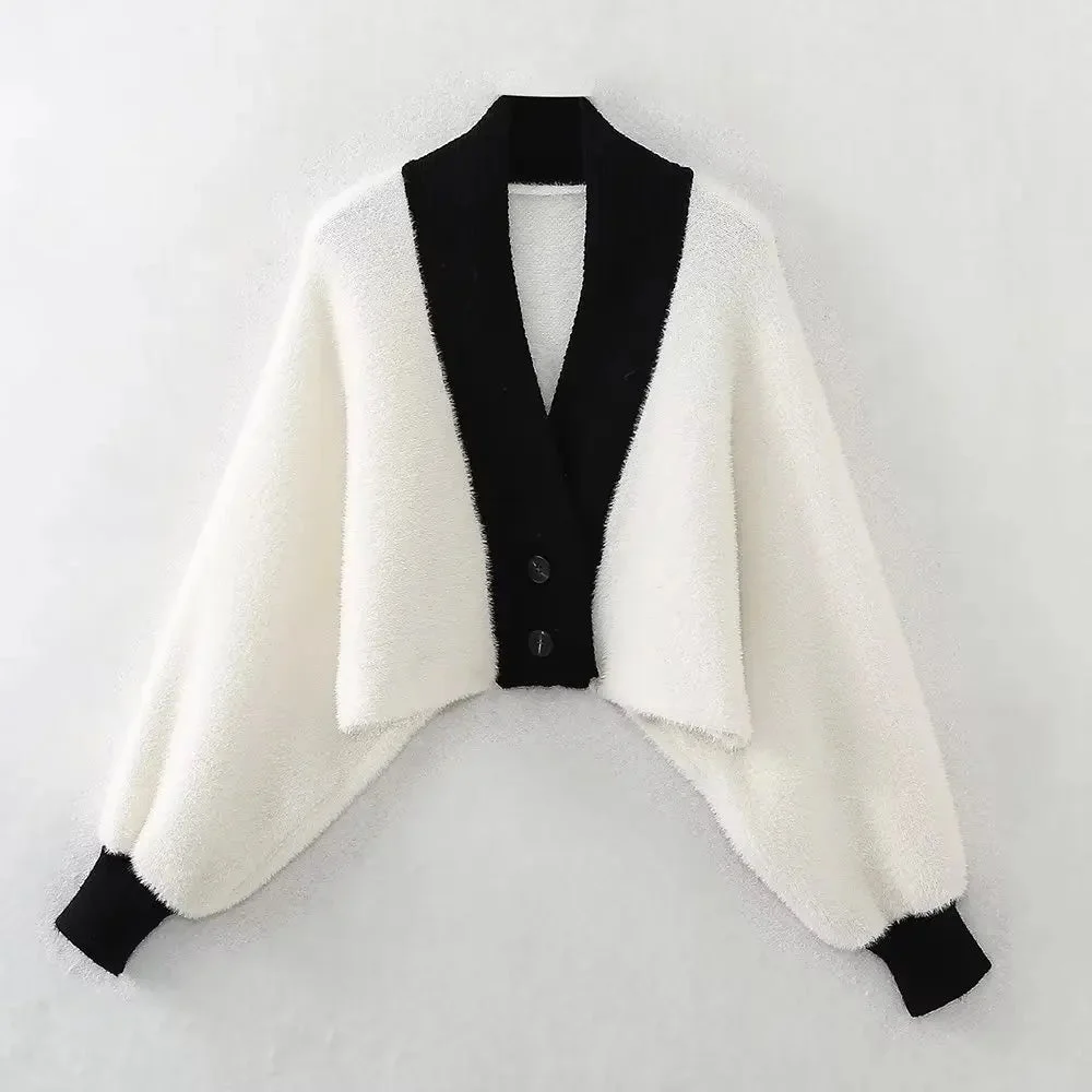 Tlbang Autumn 2024 Women Contrast Batwing Sleeve Knit Cardigan Vintage Single Breasted Femme Crop Sweater Coat