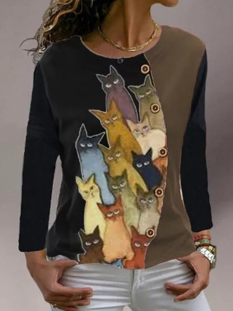 Cartoon Cat Print O neck Long Sleeve Button T shirt P1757991