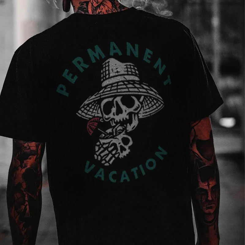 PERMANENT VACATION Skull with Hat Graphic Casual Black Print T-shirt