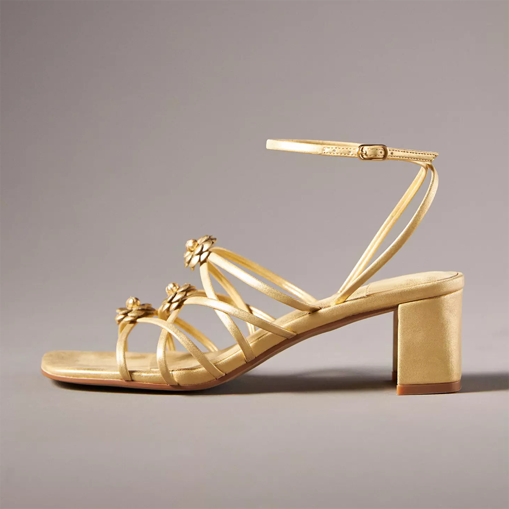 Gold Vegan Leather Opened Square Floral Inlay Criss-Cross Strappy Sandals With Chunky Heels Nicepairs