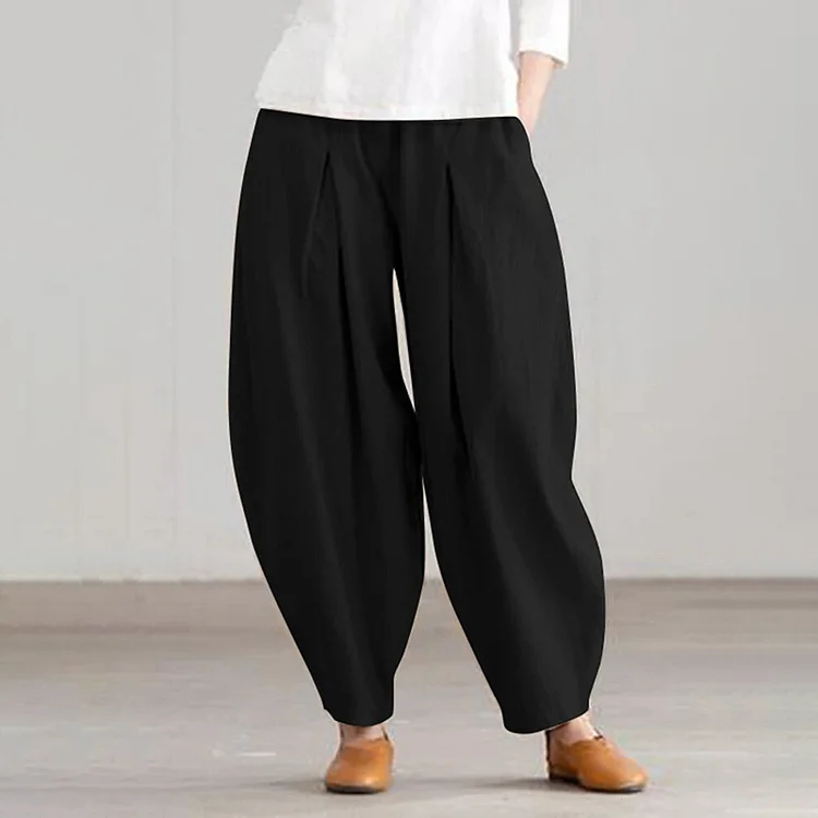 Vintage Plain Drawstring Pocket Loose Casual Pant
