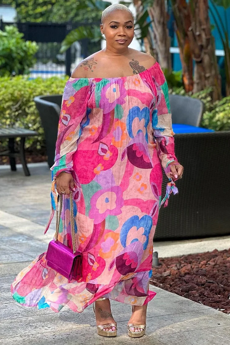Abstract Floral Print Off Shoulder Long Sleeve Vacation Maxi Dress