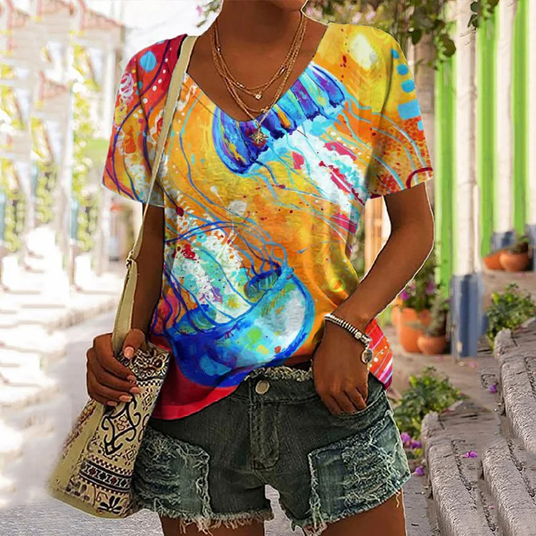 Vefave Casual Jellyfish Print Short Sleeve T-Shirt