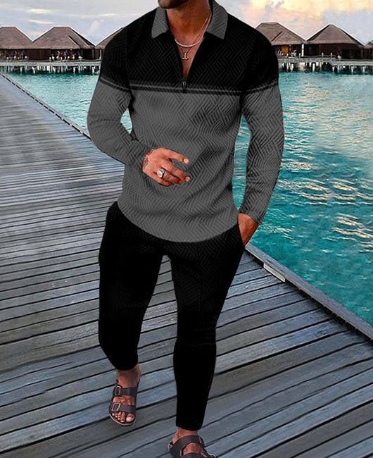 Casual Colorblock Half Zip Lapel Shirt & Pants Set