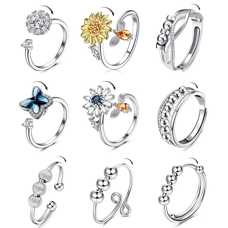 9Pcs Fidget Anxiety Cubic Zirconia Flower Butterfly Sunflower Bead Stress Relief Spinning Rings