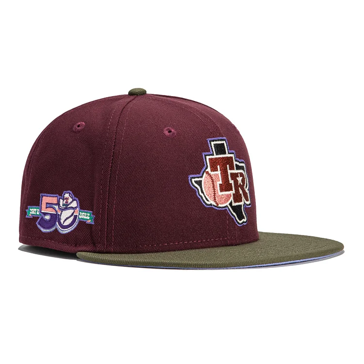 New Era 59Fifty Beetroot Pack Texas Rangers 50th Anniversary Patch Hat - Maroon, Olive, Lavender QueenFunky