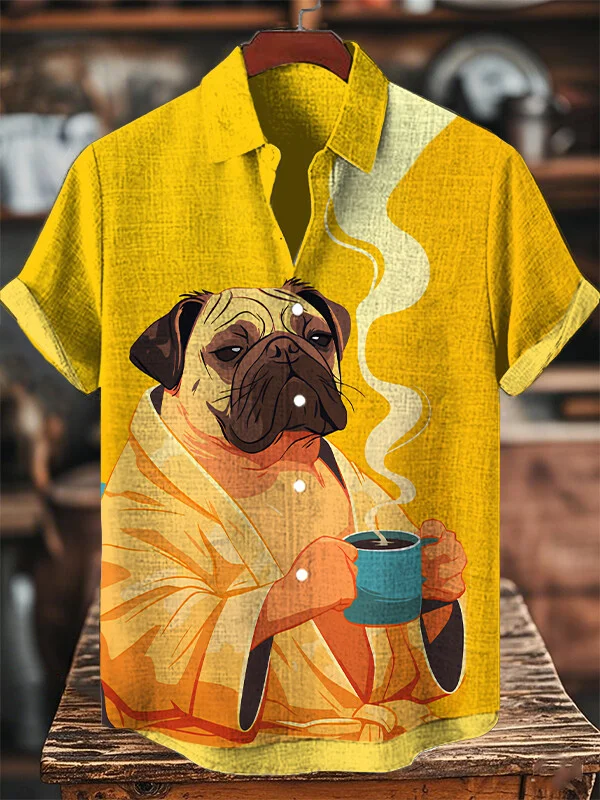 Men's French Bulldog Drinking Coffee Art Print Short Sleeve Shirt