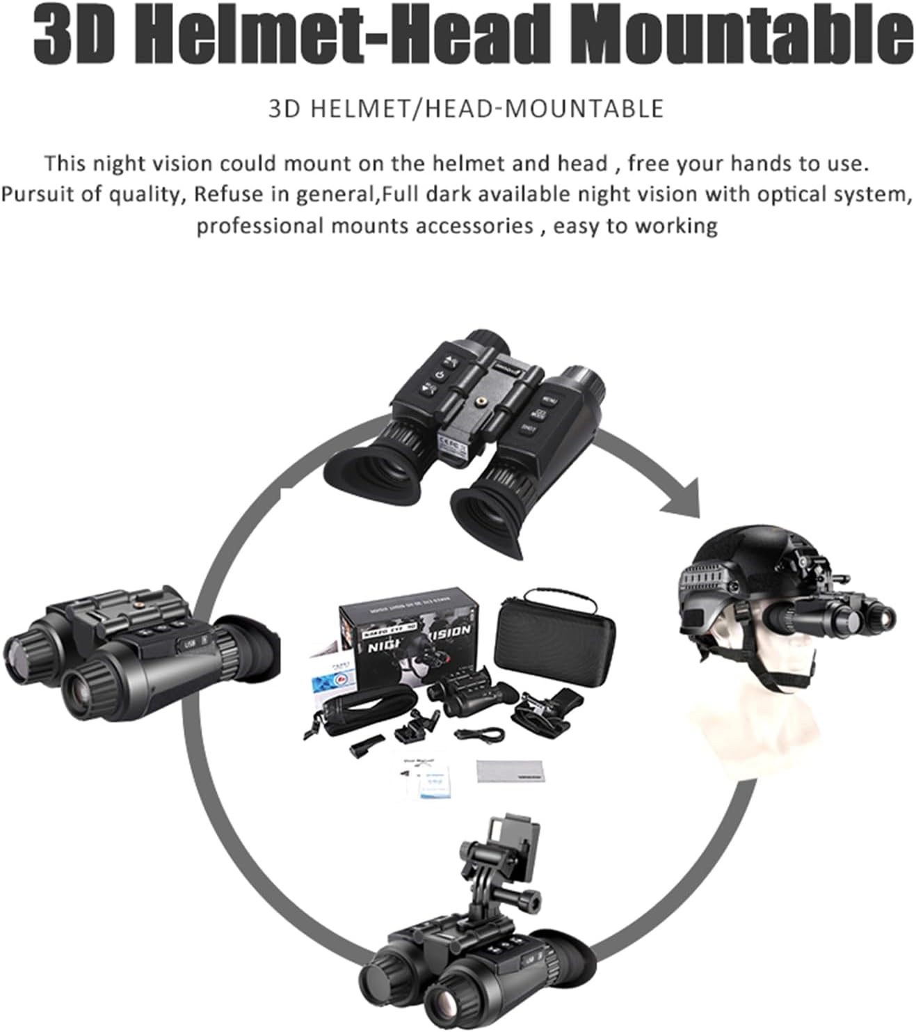 BekinTek Dual Eye 3D View Helmet Mounted Night Vision Binoculars Head Mountable Goggles Rechargeable Optics Telescope IR Full Dark Observing Adjustable Pupil Distance 7x Infrared 8x Digital Zoom 4K Video 36M Photo Independent Diopter Adjust 4 Color Effect 21