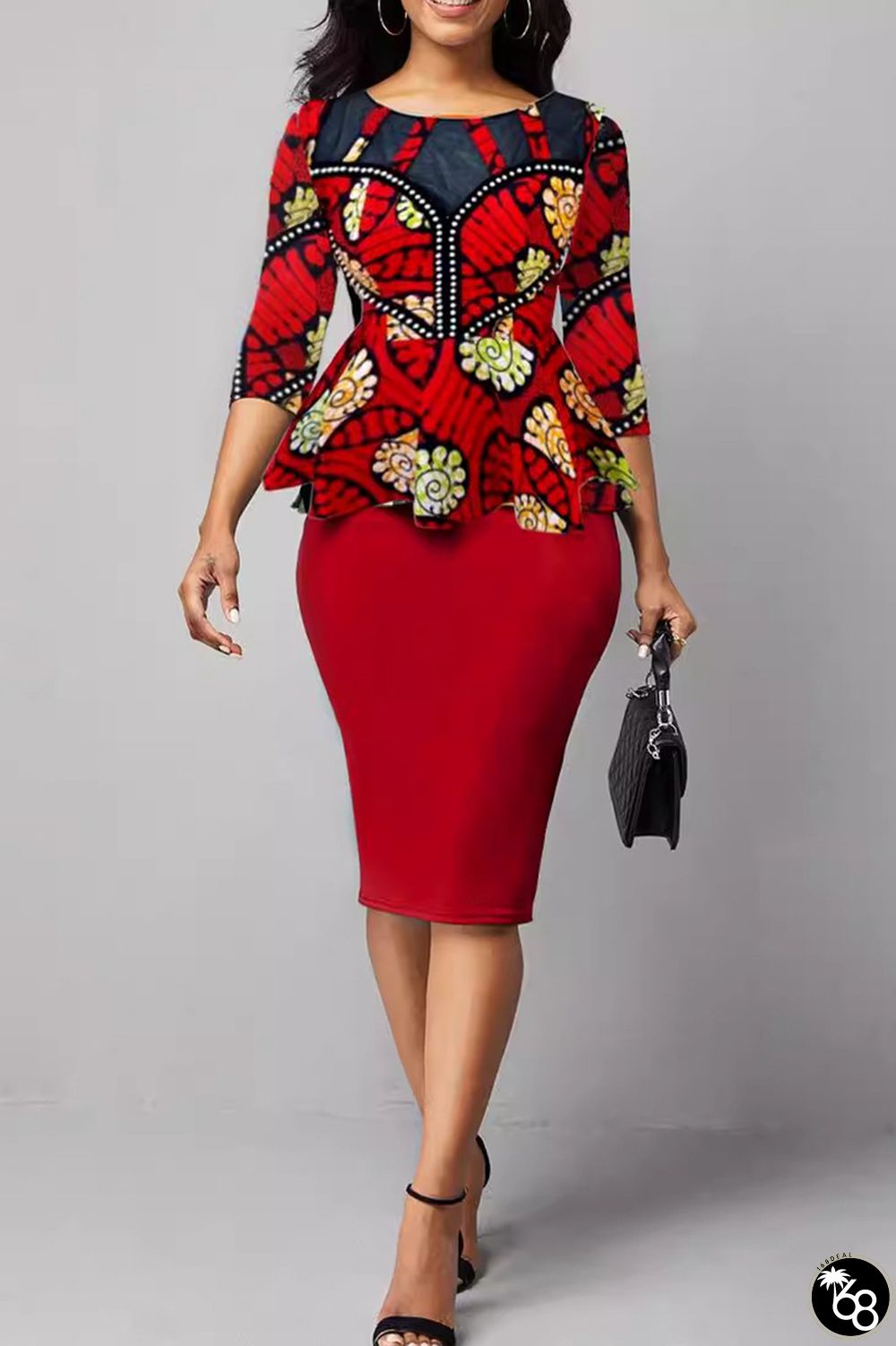 College Print Patchwork Slit O Neck Pencil Skirt Dresses | 168DEAL