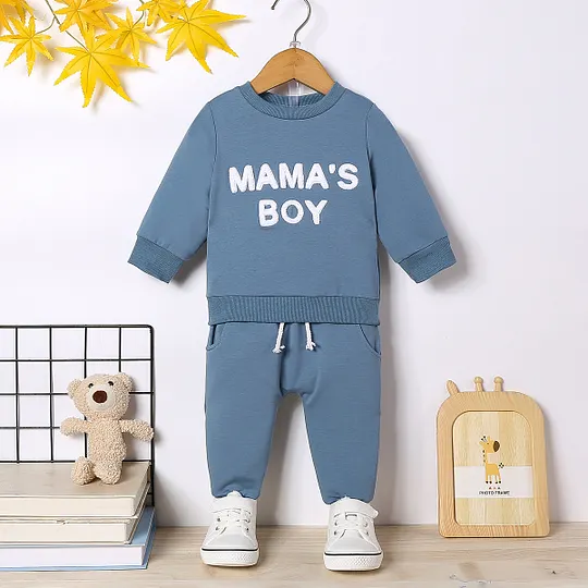 【3M-3Y】Boys' Crewneck Letter Print Top & Solid Pants Set
