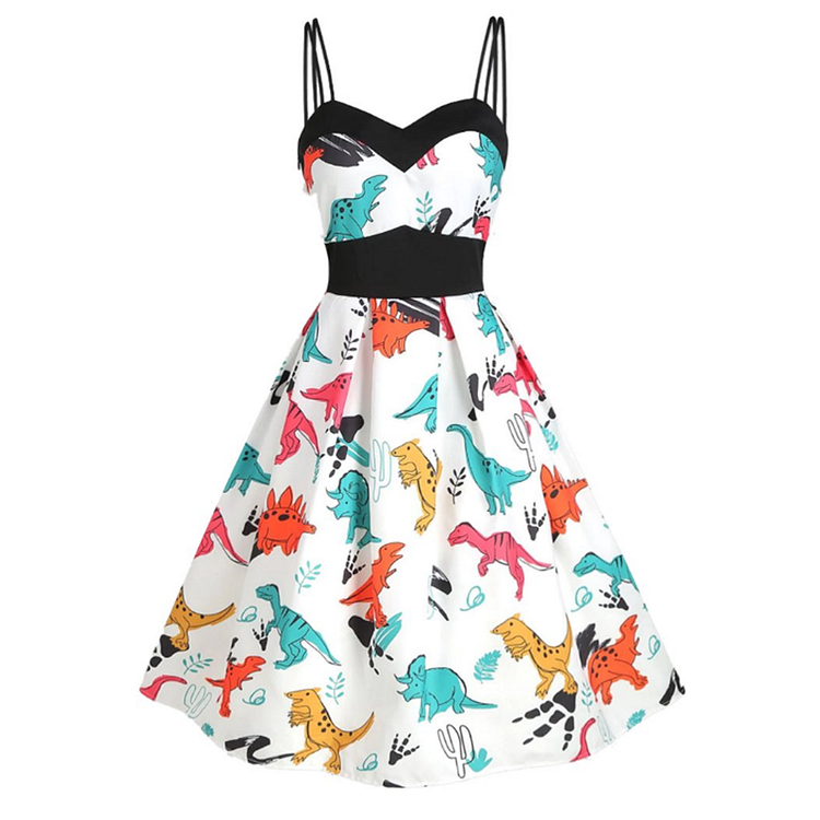 White Dinosaurs Strap Dress SP13857