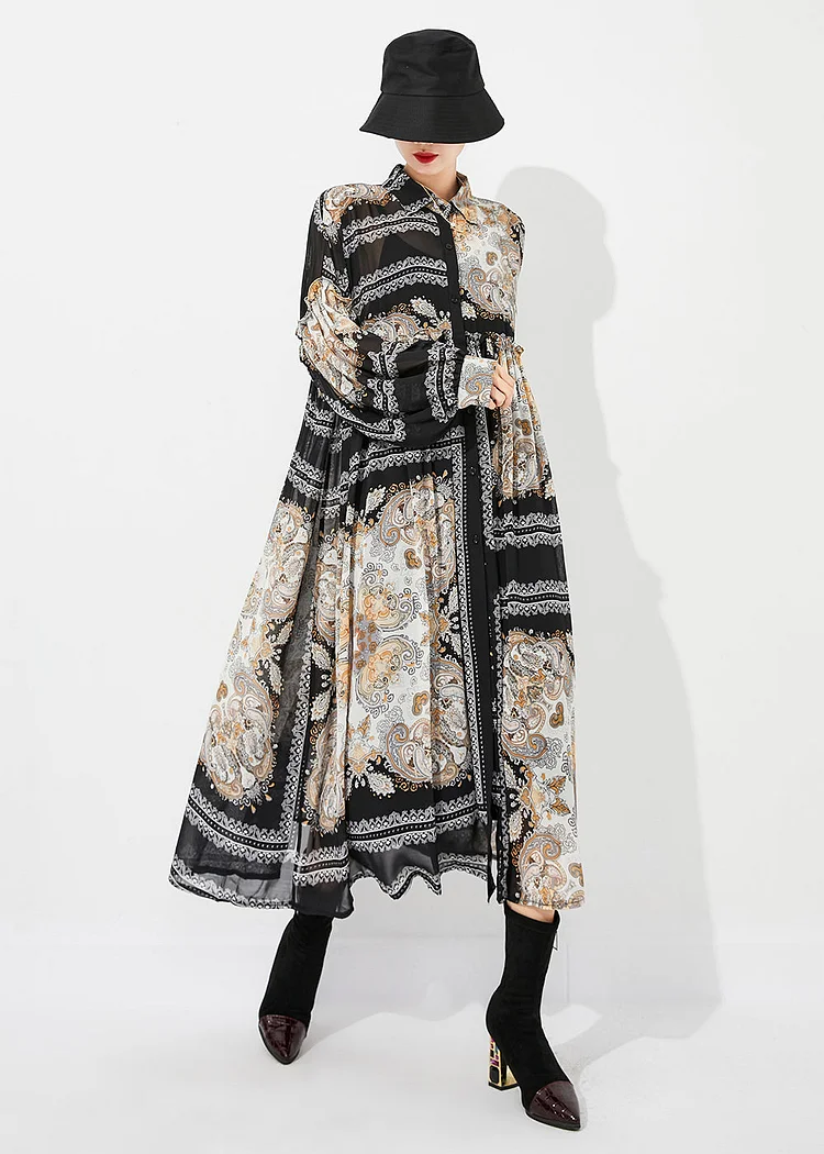 Fashion Black Print Oversized Wrinkled Chiffon Long Dresses Spring
