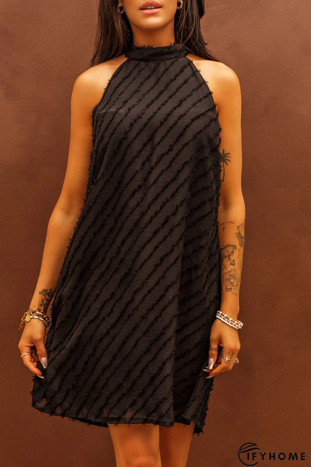 Black Textured Halter Lace-up Sleeveless Mini Dress | IFYHOME