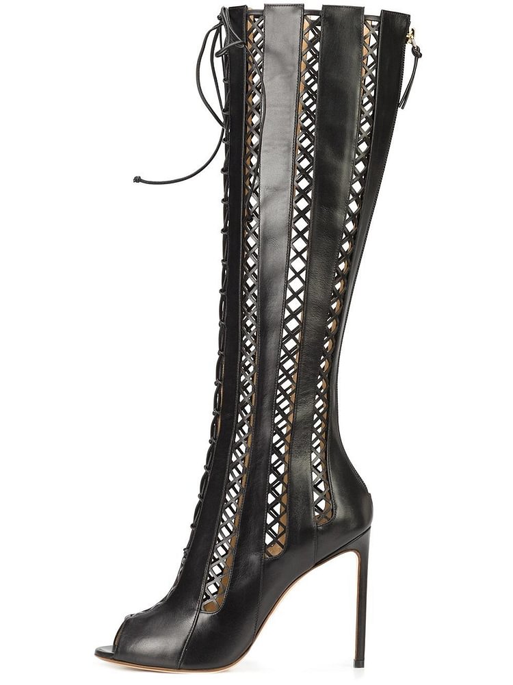 Black Gladiator Boots Peep Toe Stiletto Heel Sexy Knee Boots |FSJ Shoes