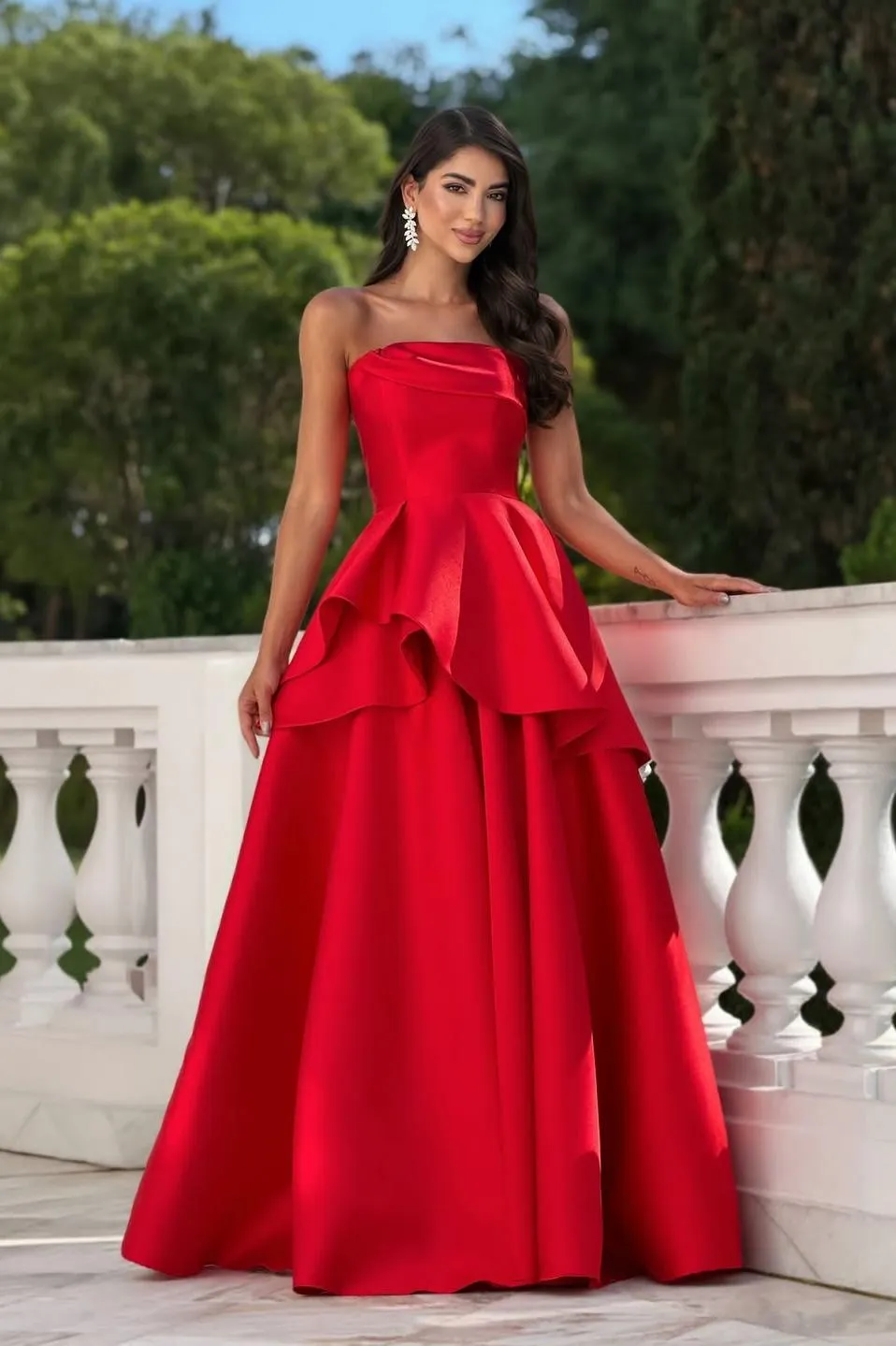 Glamorous Wine Red Satin Strapless Sleeveless High-Waisted Long A-Line Prom Dress With Ruffles | PM0036 Wellcucu