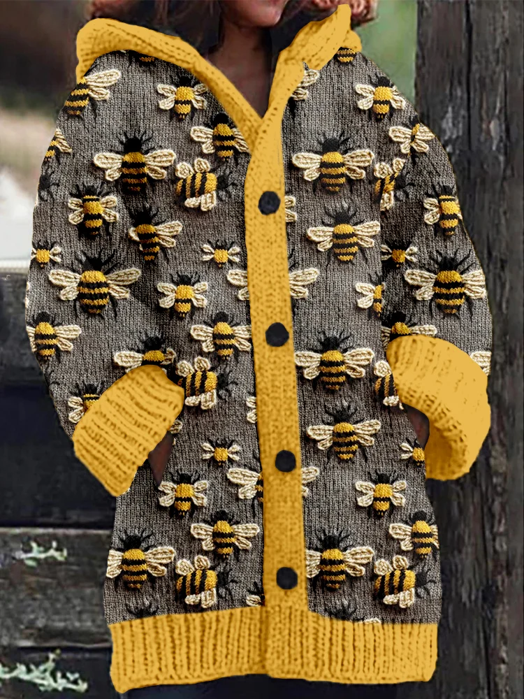 Honeybees Knitted Cozy Hooded Cardigan