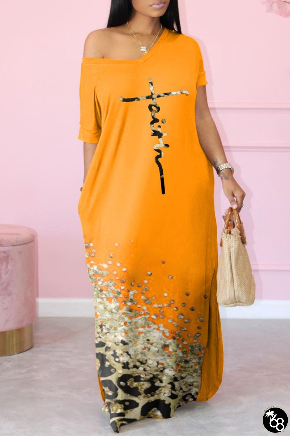 Orange Casual Print Basic V Neck Short Sleeve Dress Dresses | 168DEAL