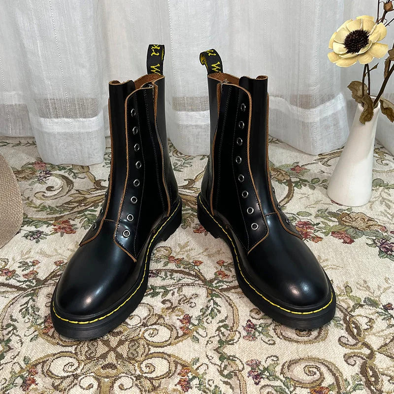 Fashion Genuine Leather Combat Boots Retro Chunky Riding Boots Black Martin Boots
