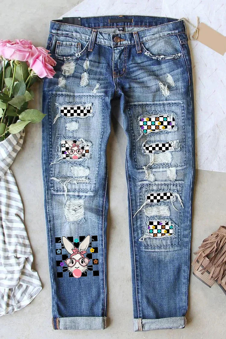 Cute Bunny With Bandana Glasses Bubblegum Print Ripped Jeans
