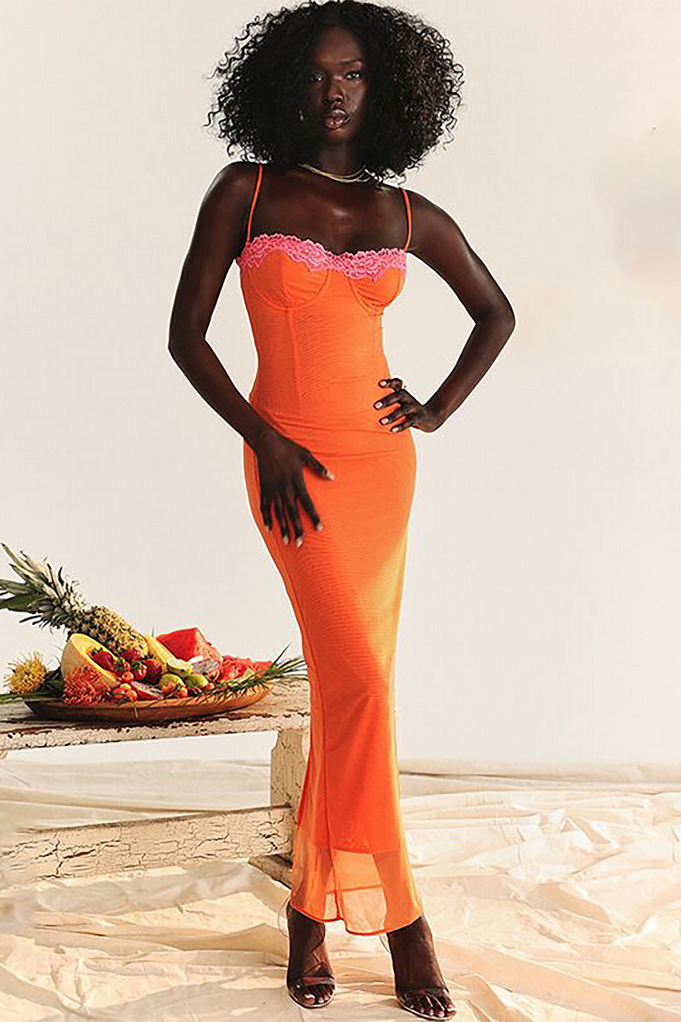 Lace Trim Slim Fit Spaghetti Strap Maxi Dresses-Orange