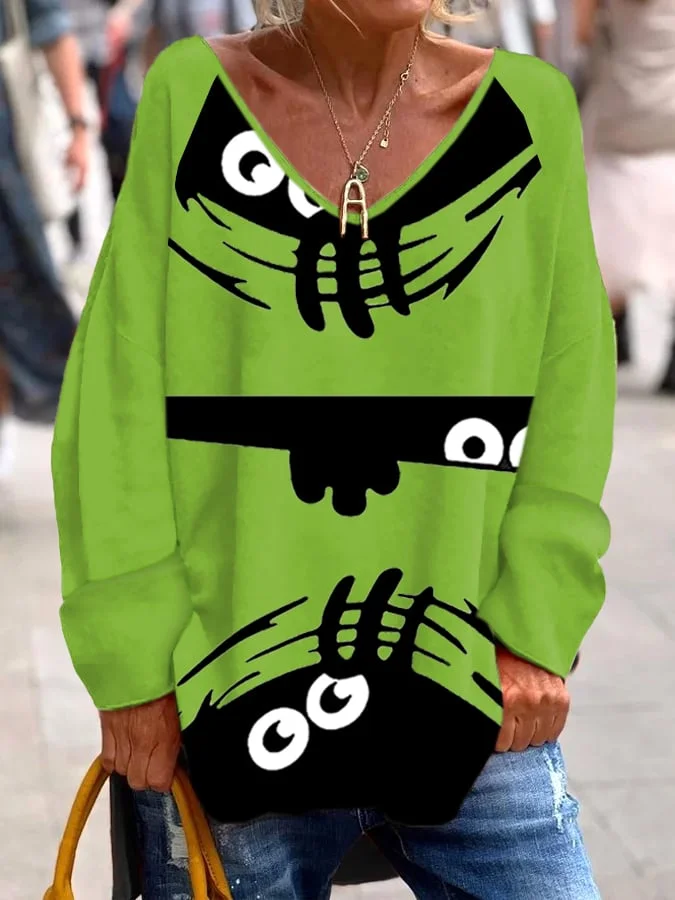 Women's Halloween Peek Monster Print Casual Long Sleeve T-Shirt socialshop