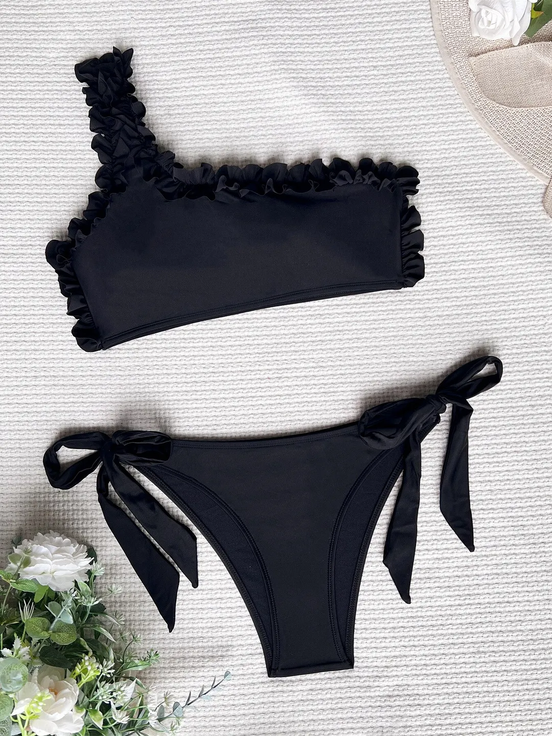 Uaang Women Swimsuits 2023 One Shoulder Female Swimwear Solid Bikini