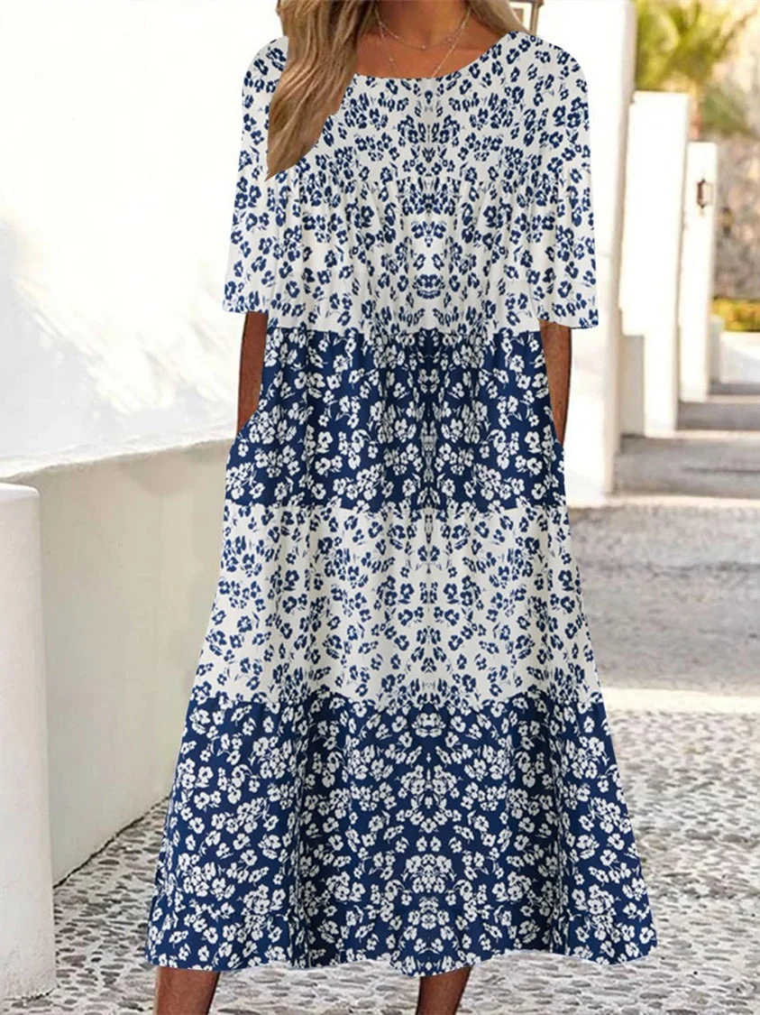 Women's Half Sleeve Scoop Neck Graphic Floral Printed Midi Dress