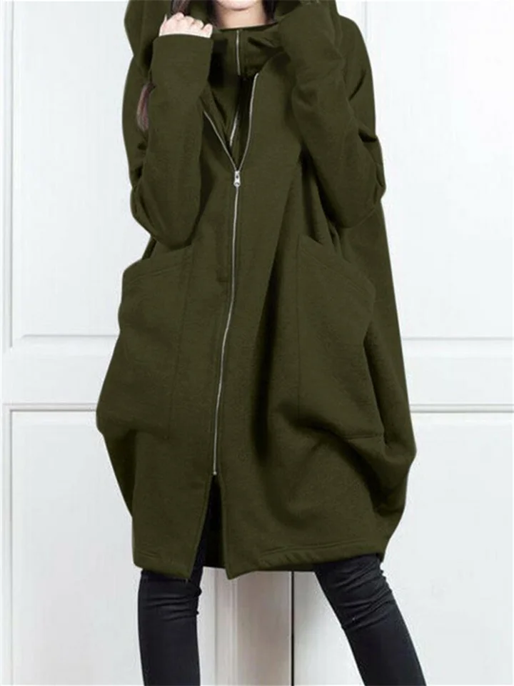 Autumn and Winter Hooded Pocket Sweater Zipper in The Long Section of The False Two Pieces of Loose Jacket Temperament Commuting Women's Clothing