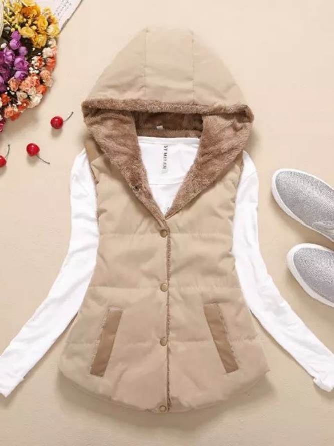 Coral Velvet Sleeveless Solid Cotton Hoodie Appliqued Vest Zaesvini