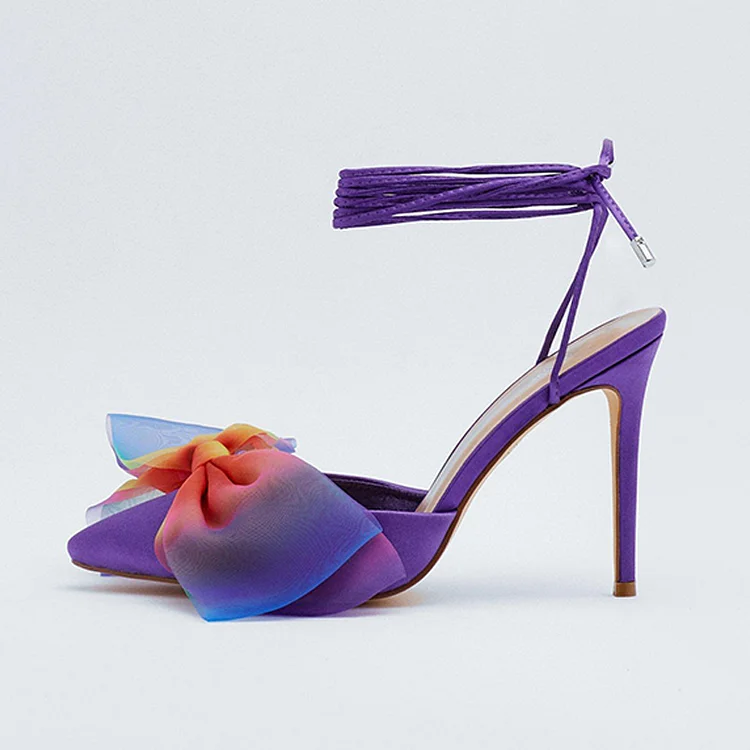 Purple Satin Stiletto Heels Elegant Multicolor Bow Ankle Strap Pumps |FSJ Shoes